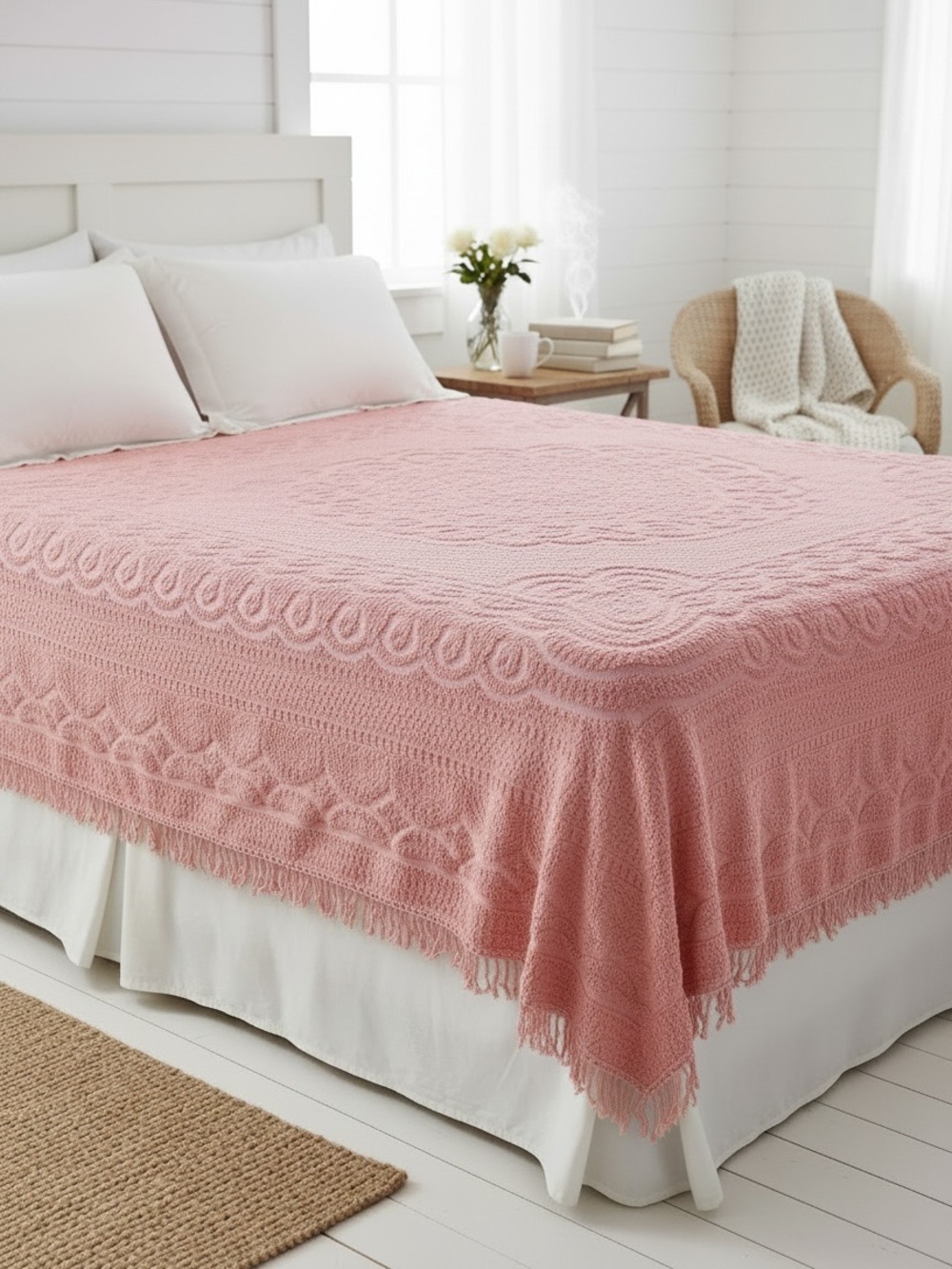 Vintage 50’s Medallion Chenille Bedspread in Berry Pink | Size Queen